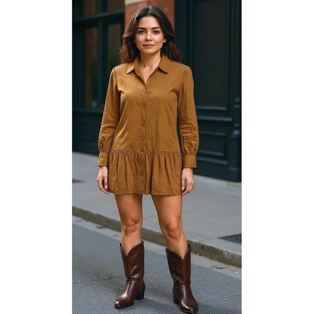 HYFVE Dress Womens Medium Brown Long Sleeve Ruffle‎ Hem Button Down Tiered